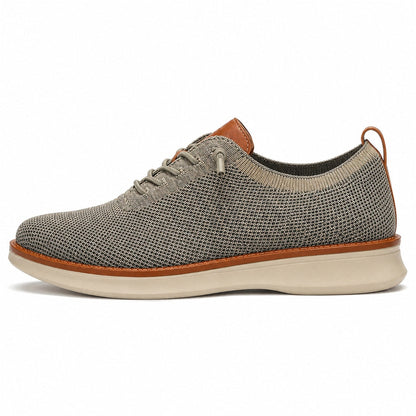 Men's breathable knit dress sneakers, gray upper with beige sole, side view