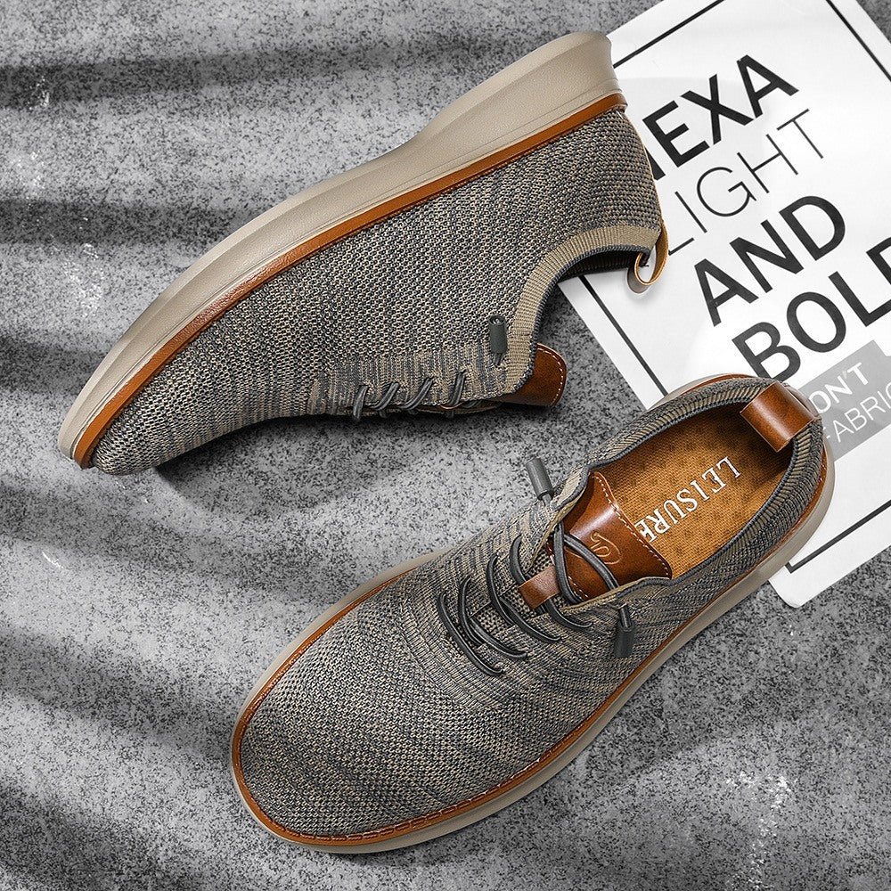 Men's breathable knit dress sneakers, gray upper with beige sole, top and side view
