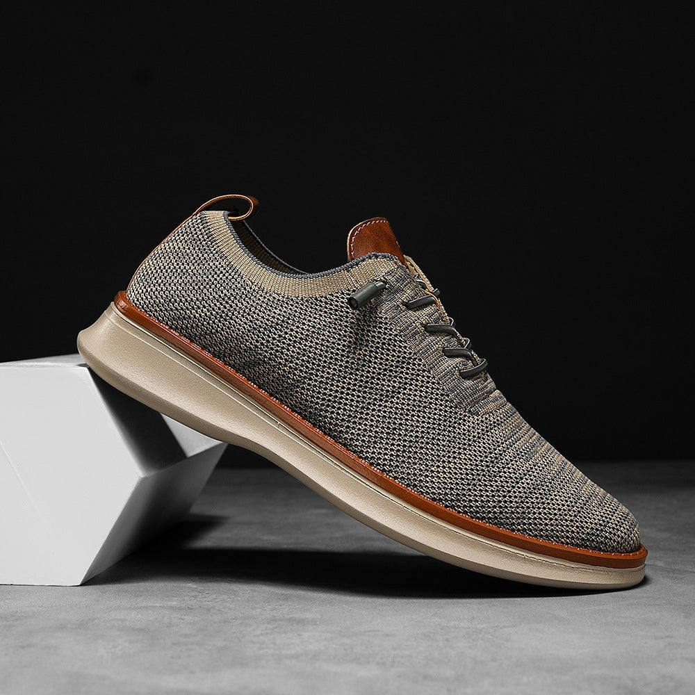 Men's breathable knit dress sneakers, gray upper with beige sole, side view