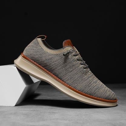 Men's breathable knit dress sneakers, gray upper with beige sole, side view