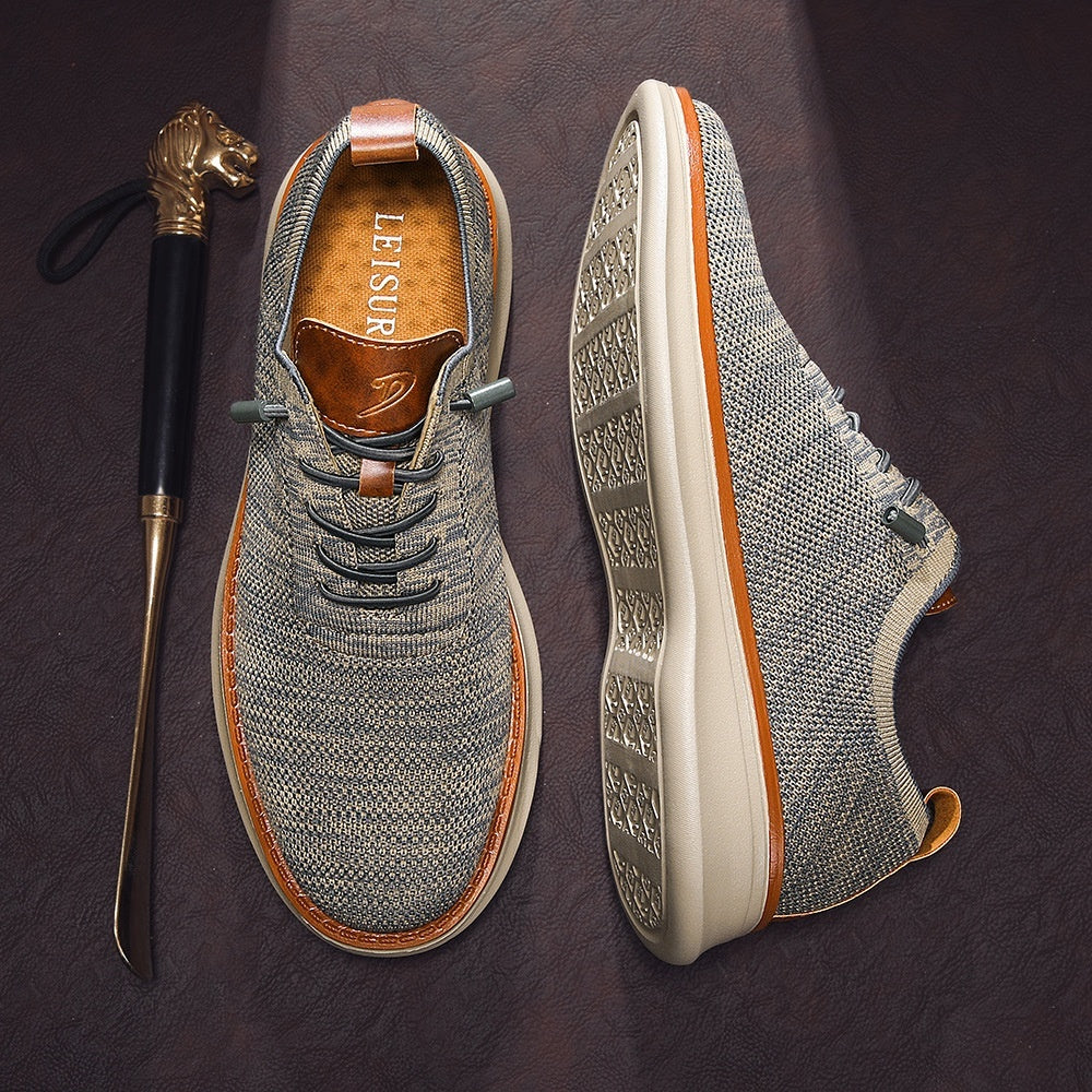 Men's breathable knit dress sneakers, gray upper with beige sole, top and outsole view