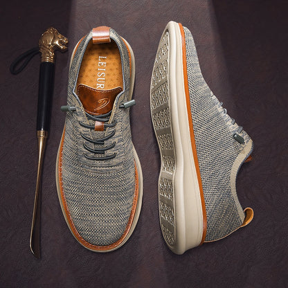 Men's breathable knit dress sneakers, gray upper with beige sole, top and outsole view