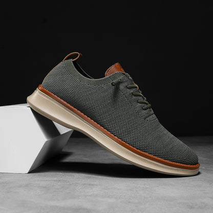 Men's breathable knit dress sneakers, green upper with beige sole, side view