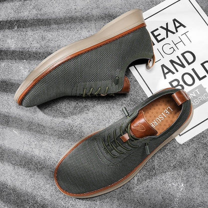 Men's breathable knit dress sneakers, green upper with beige sole, top and side view