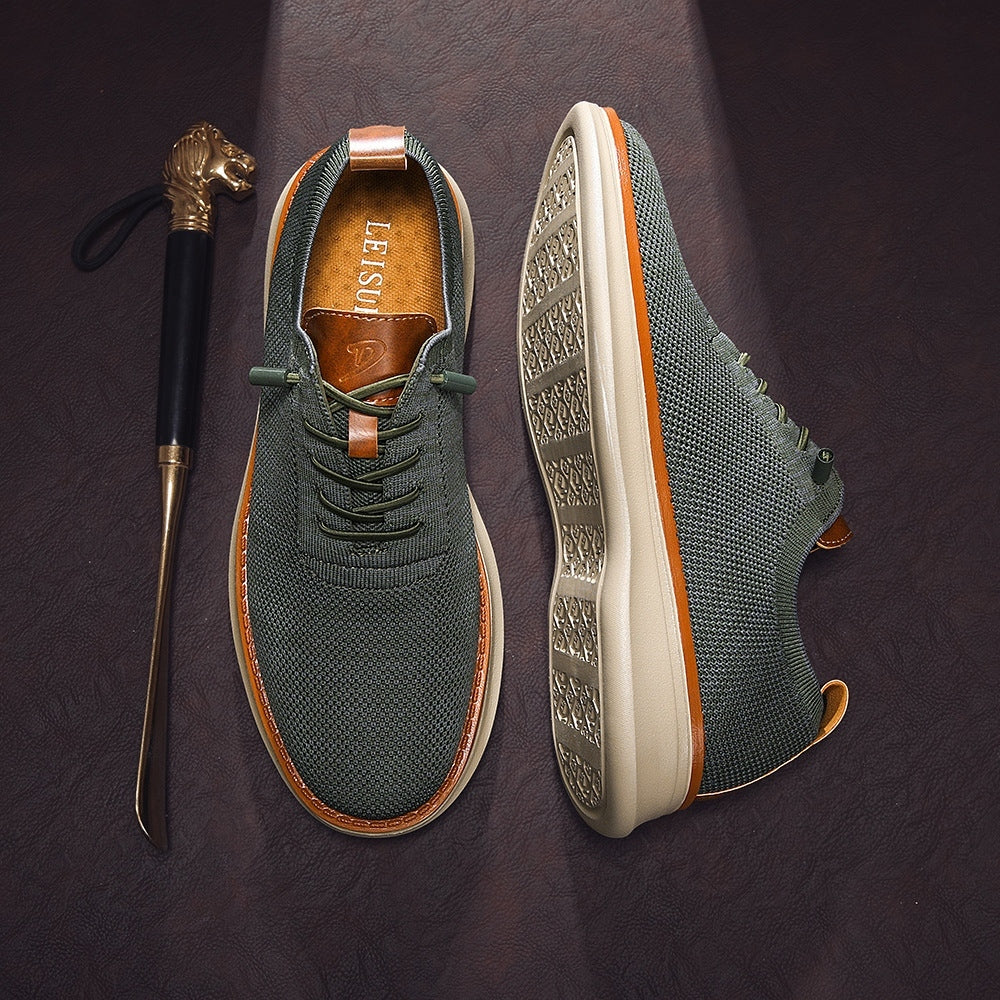 Men's breathable knit dress sneakers, green upper with beige sole, top and outsole view