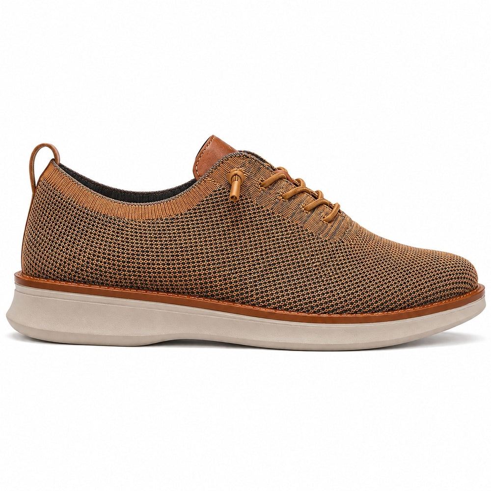 Men's breathable knit dress sneakers, orange upper with beige sole, side view