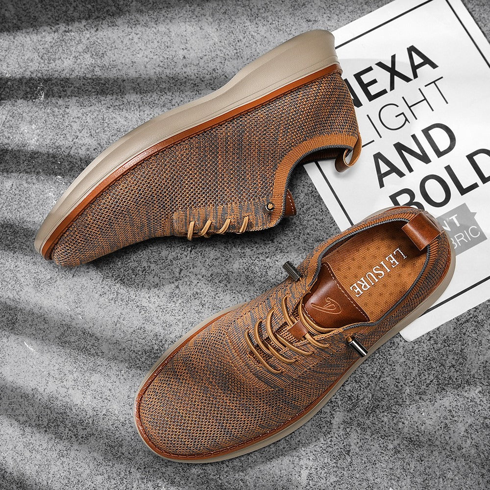 Men's breathable knit dress sneakers, orange upper with beige sole, top and side view