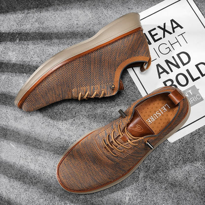 Men's breathable knit dress sneakers, orange upper with beige sole, top and side view