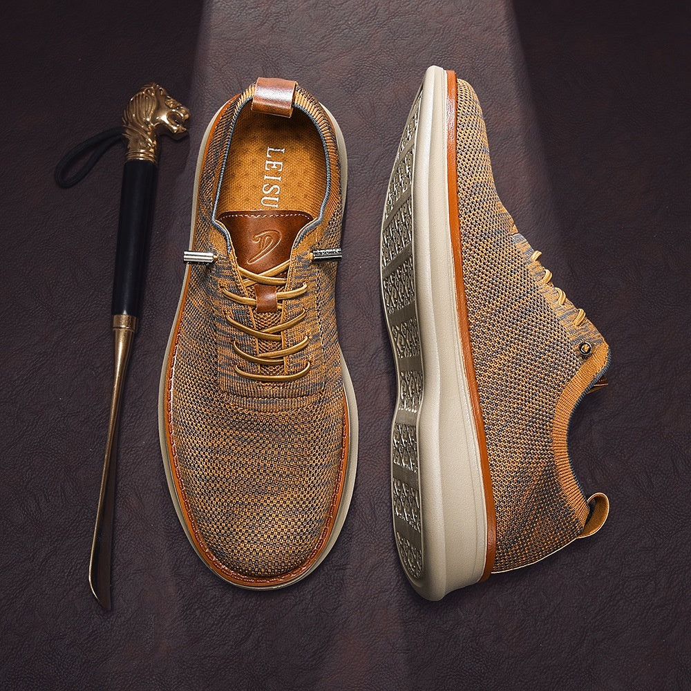 Men's breathable knit dress sneakers, orange upper with beige sole, top and outsole view