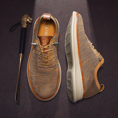 Men's breathable knit dress sneakers, orange upper with beige sole, top and outsole view