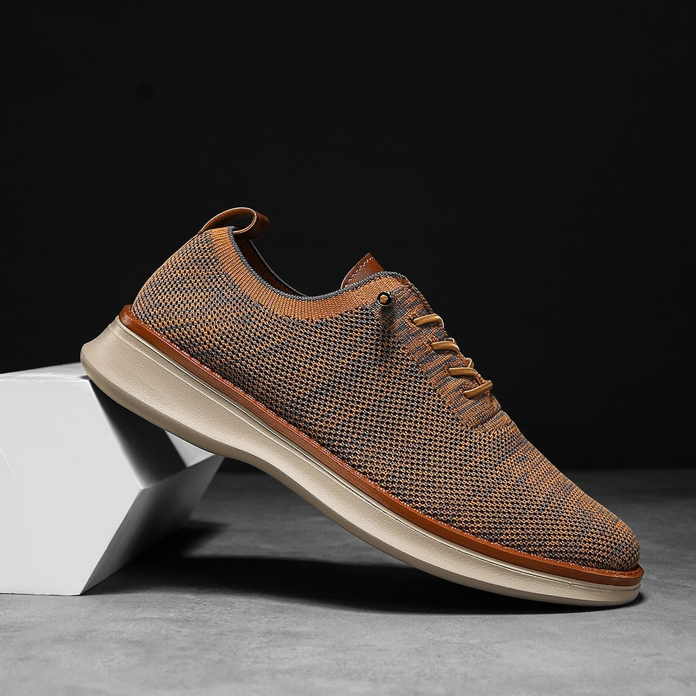 Men's breathable knit dress sneakers, orange upper with beige sole, side view