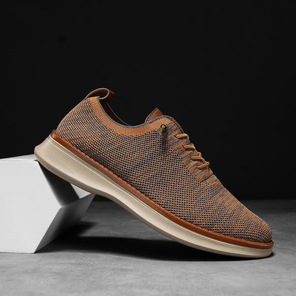 Men's breathable knit dress sneakers, orange upper with beige sole, side view