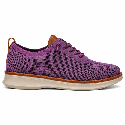 Men's breathable knit dress sneakers, purple upper with beige sole, side view