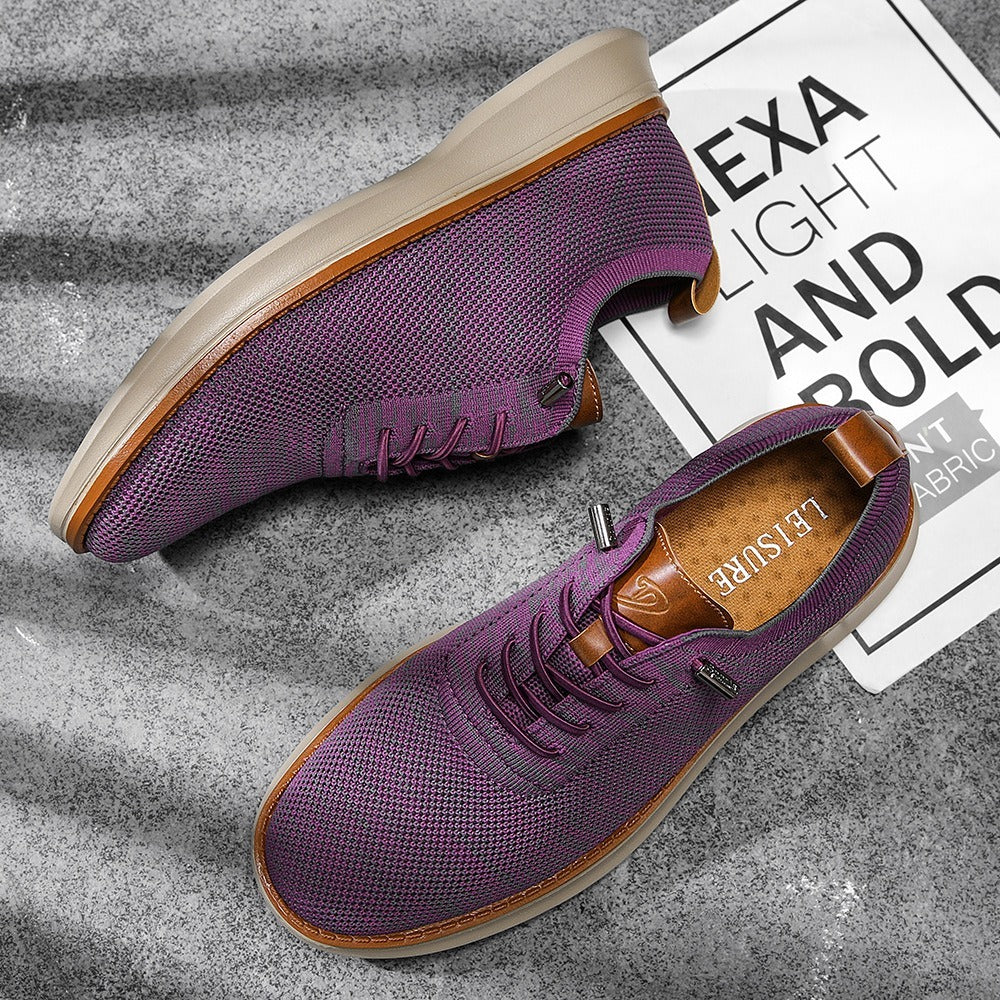 Men's breathable knit dress sneakers, purple upper with beige sole, top and side view