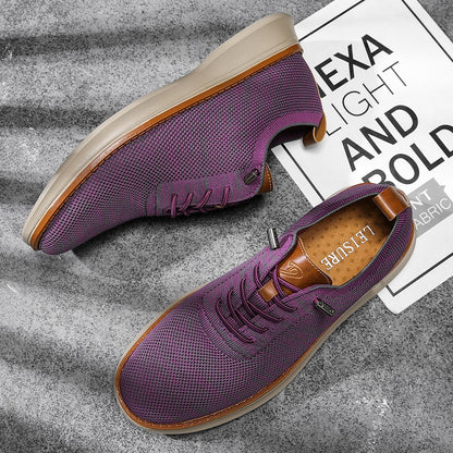 Men's breathable knit dress sneakers, purple upper with beige sole, top and side view