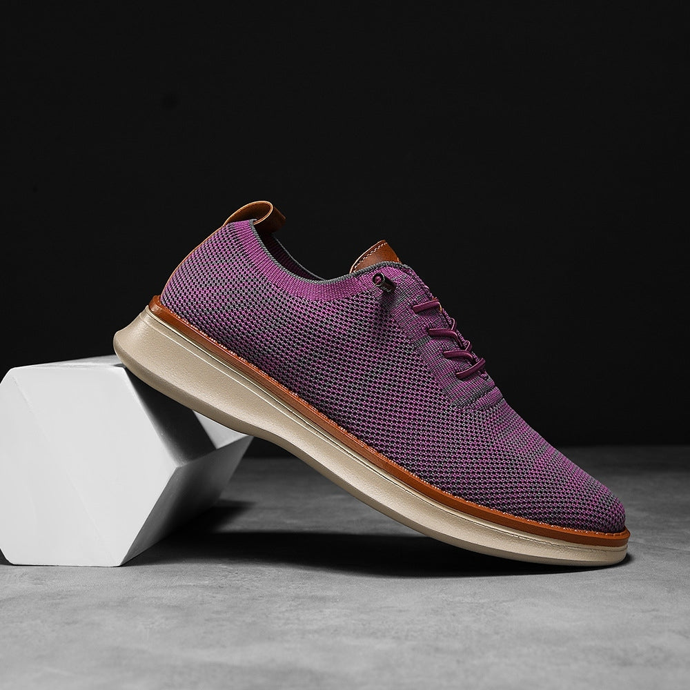 Men's breathable knit dress sneakers, purple upper with beige sole, side view