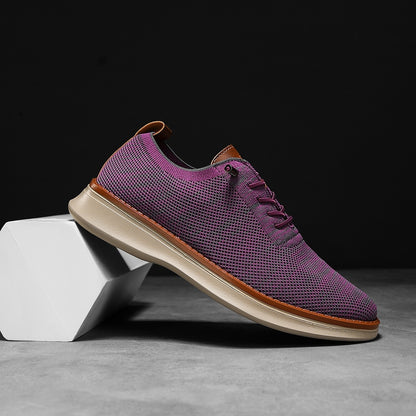 Men's breathable knit dress sneakers, purple upper with beige sole, side view