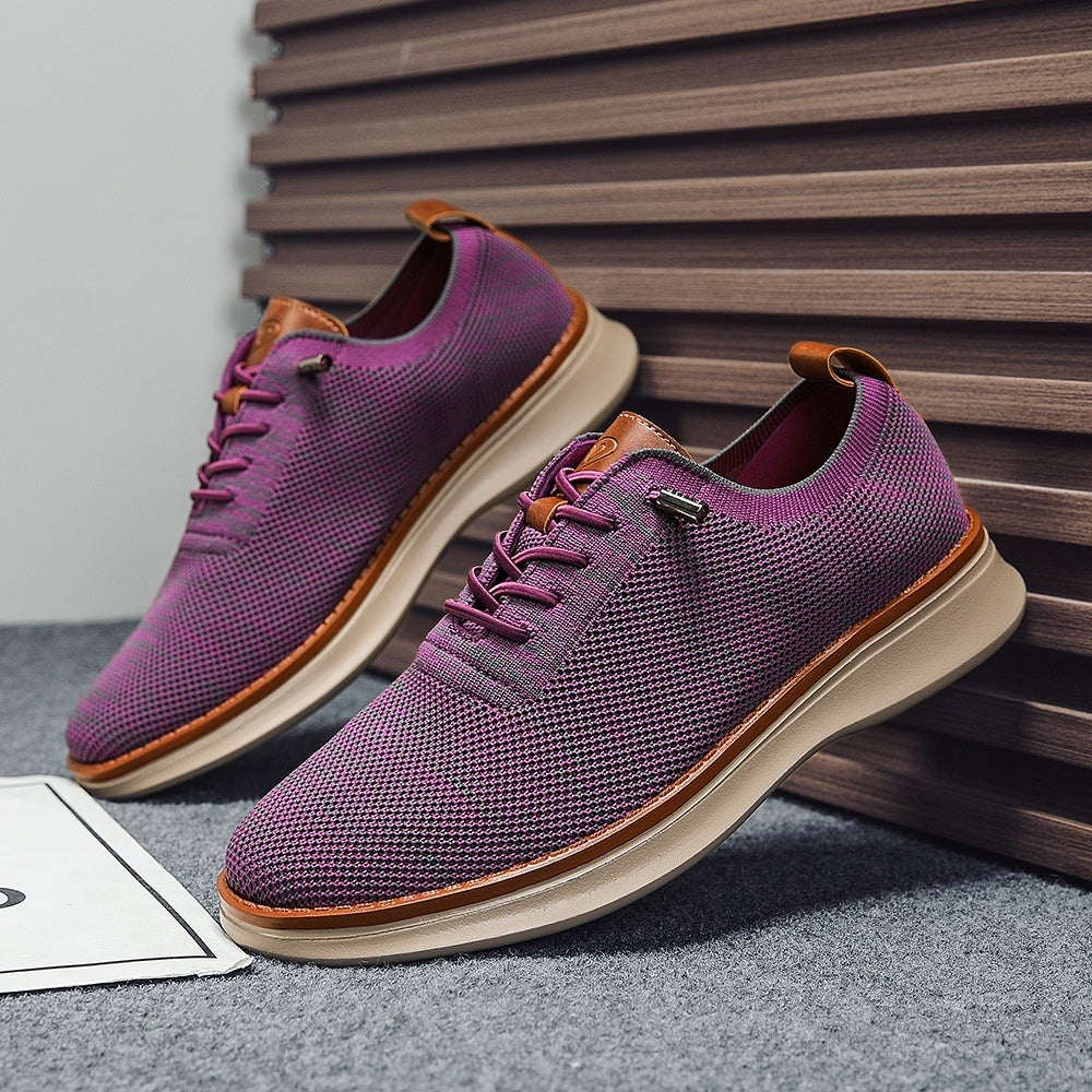 Men's breathable knit dress sneakers, purple upper with beige sole, angled pair view