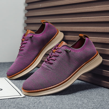 Men's breathable knit dress sneakers, purple upper with beige sole, angled pair view