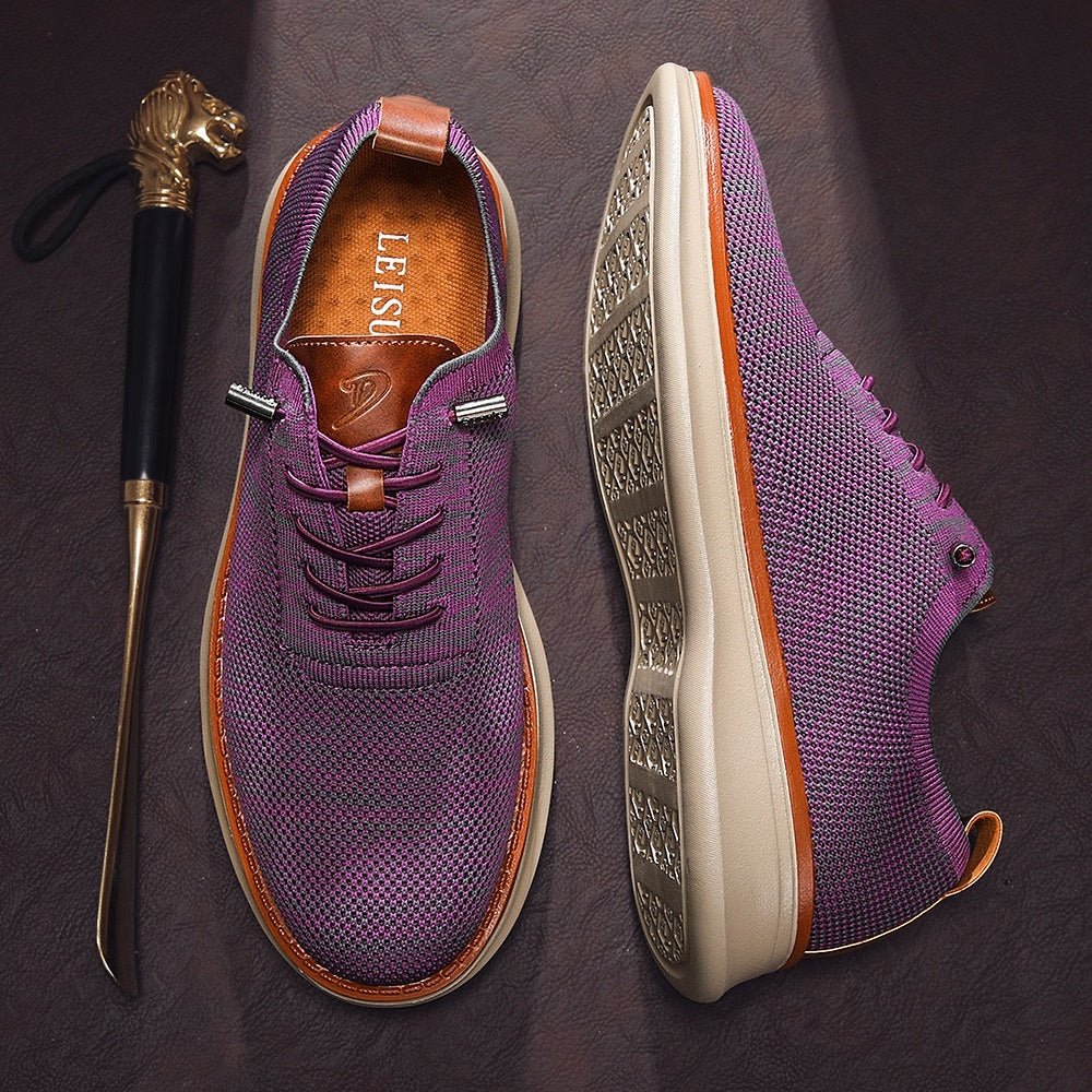 Men's breathable knit dress sneakers, purple upper with beige sole, top and outsole view
