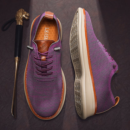 Men's breathable knit dress sneakers, purple upper with beige sole, top and outsole view