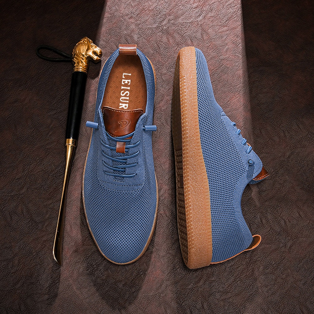 Men's blue knit slip-on sneakers top and side views