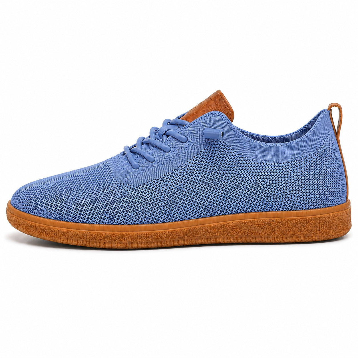 Men's blue breathable knit slip-on sneaker on white background