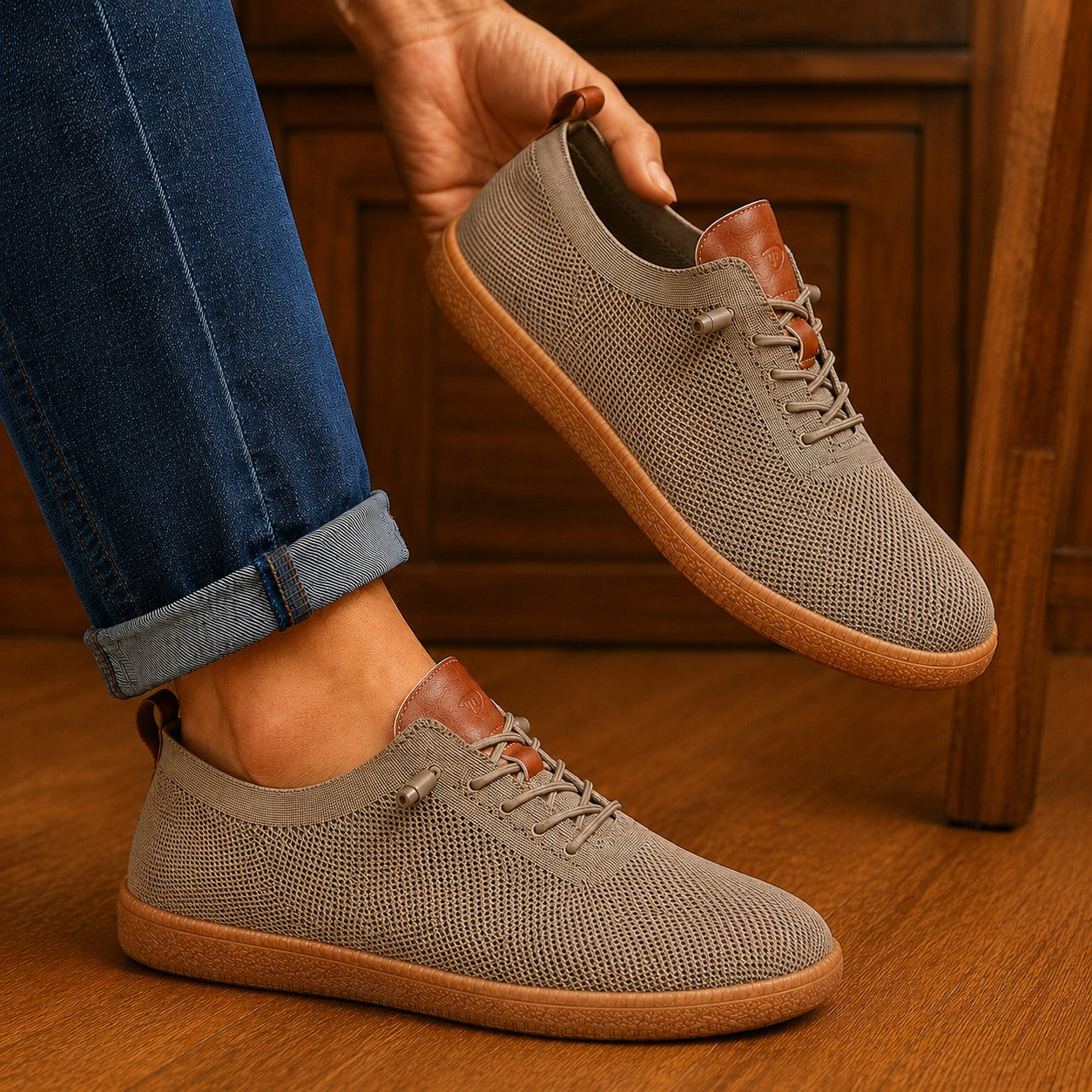 Men wearing khaki breathable knit gum-sole sneakers