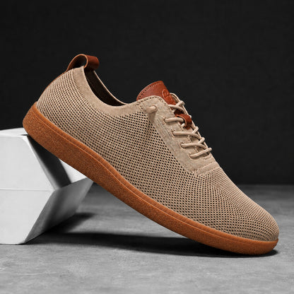 Men's khaki breathable knit slip-on gum-sole sneaker side view