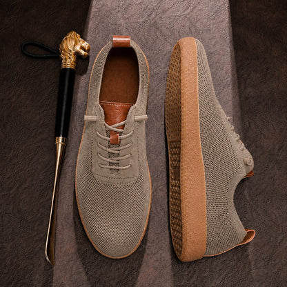 Men's khaki knit slip-on sneakers top and side views