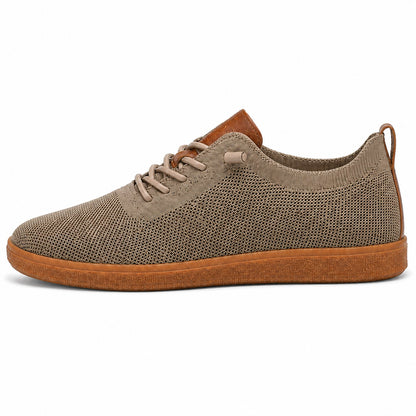 Men's khaki breathable knit slip-on sneaker on white background