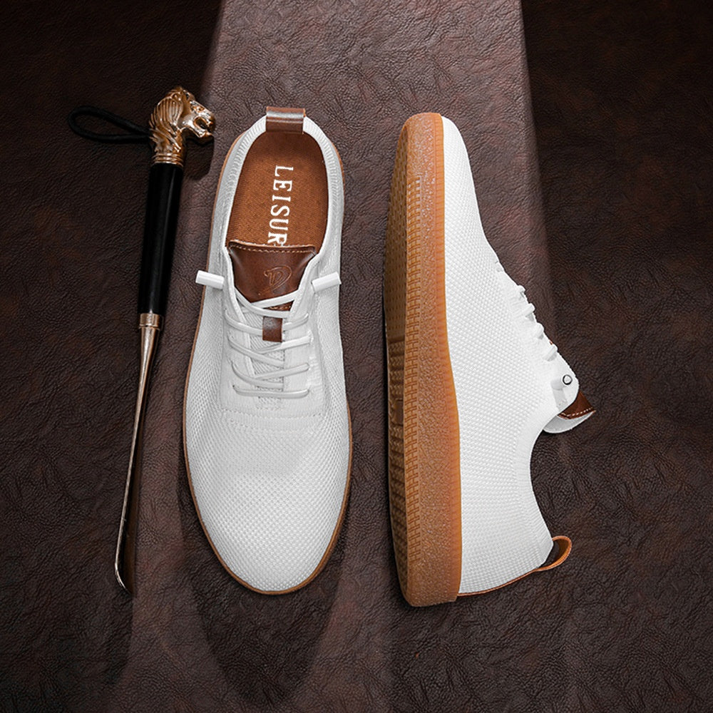 Men's white knit slip-on sneakers top and side views