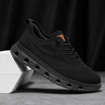Men’s Breathable Knit Walking Sneakers – Lace-Up Casual Shoes in Black – studio detail view