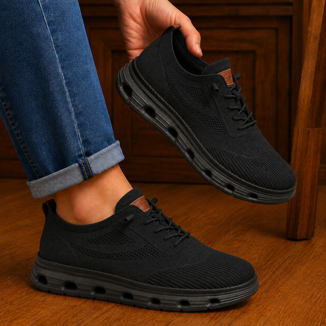 Men’s Breathable Knit Walking Sneakers – Lace-Up Casual Shoes in Black – on-foot lifestyle view