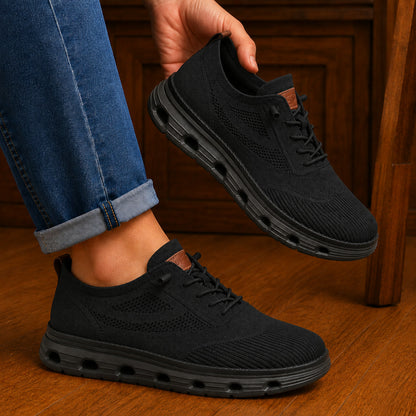 Men’s Breathable Knit Walking Sneakers – Lace-Up Casual Shoes in Black – on-foot lifestyle view