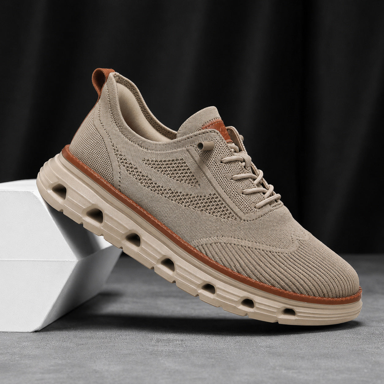 Men’s Breathable Knit Walking Sneakers – Lace-Up Casual Shoes in Khaki – studio detail view