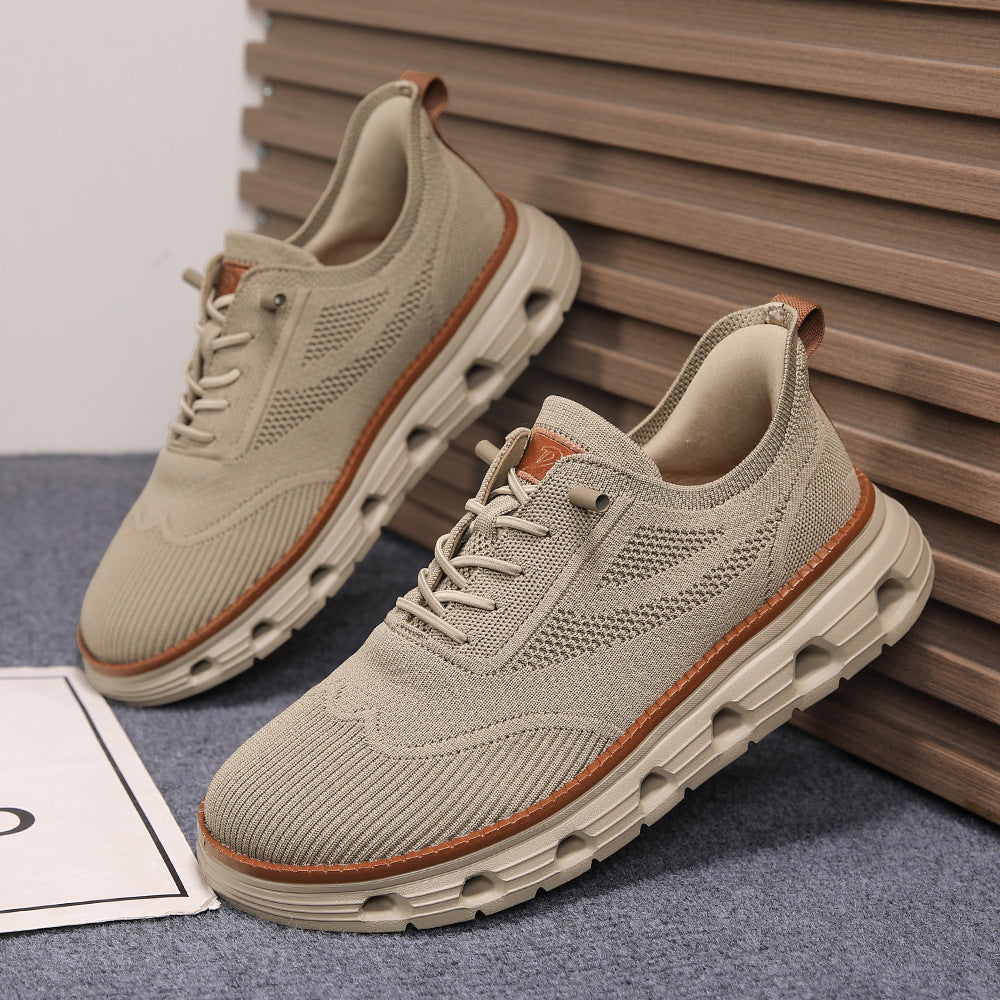 Men’s Breathable Knit Walking Sneakers – Lace-Up Casual Shoes in Khaki – lifestyle pair view