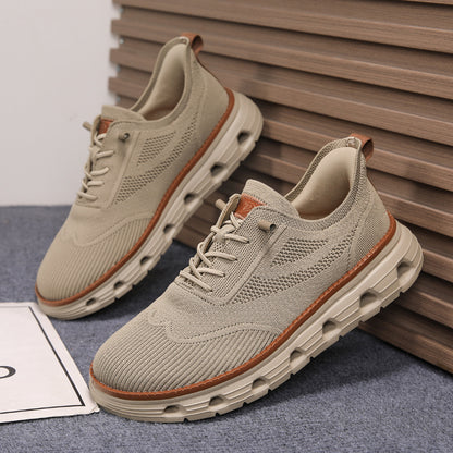 Men’s Breathable Knit Walking Sneakers – Lace-Up Casual Shoes in Khaki – lifestyle pair view