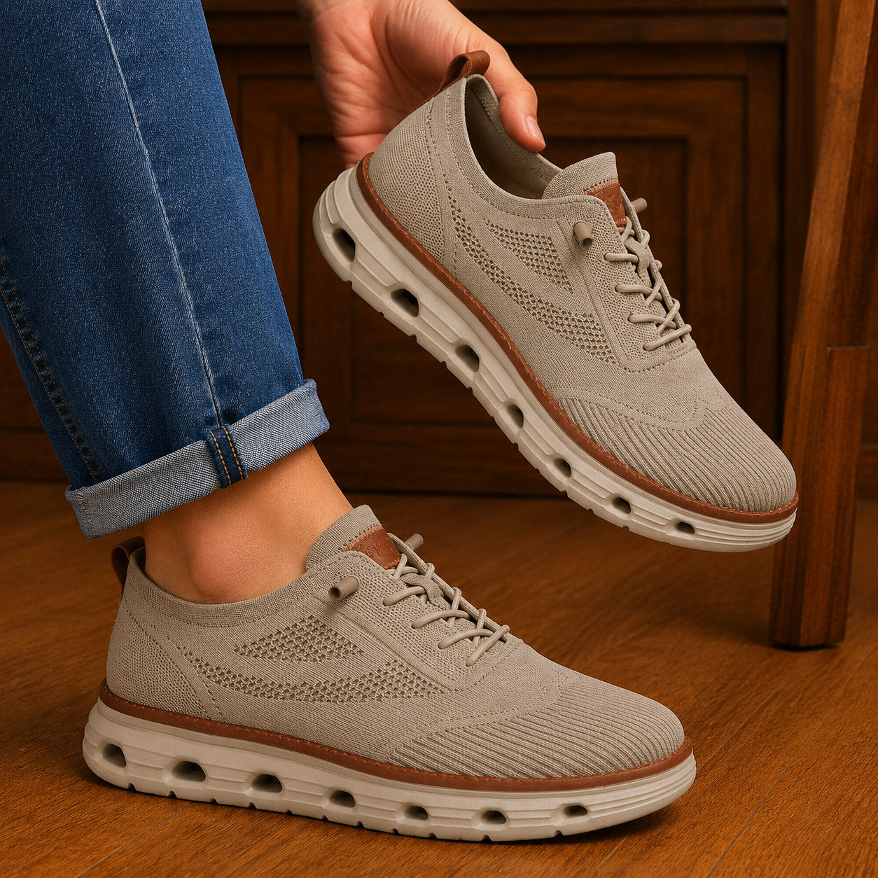 Men’s Breathable Knit Walking Sneakers – Lace-Up Casual Shoes in Khaki – on-foot lifestyle view
