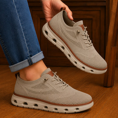 Men’s Breathable Knit Walking Sneakers – Lace-Up Casual Shoes in Khaki – on-foot lifestyle view
