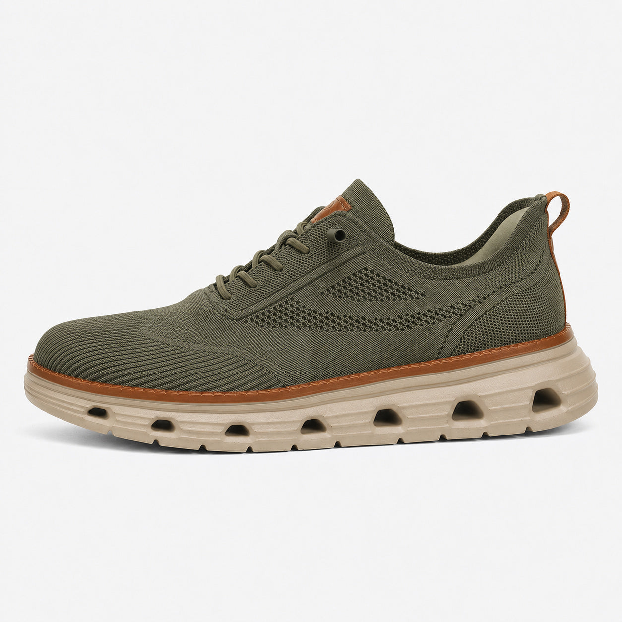 Men’s Breathable Knit Walking Sneakers – Lace-Up Casual Shoes in Olive Green – side profile