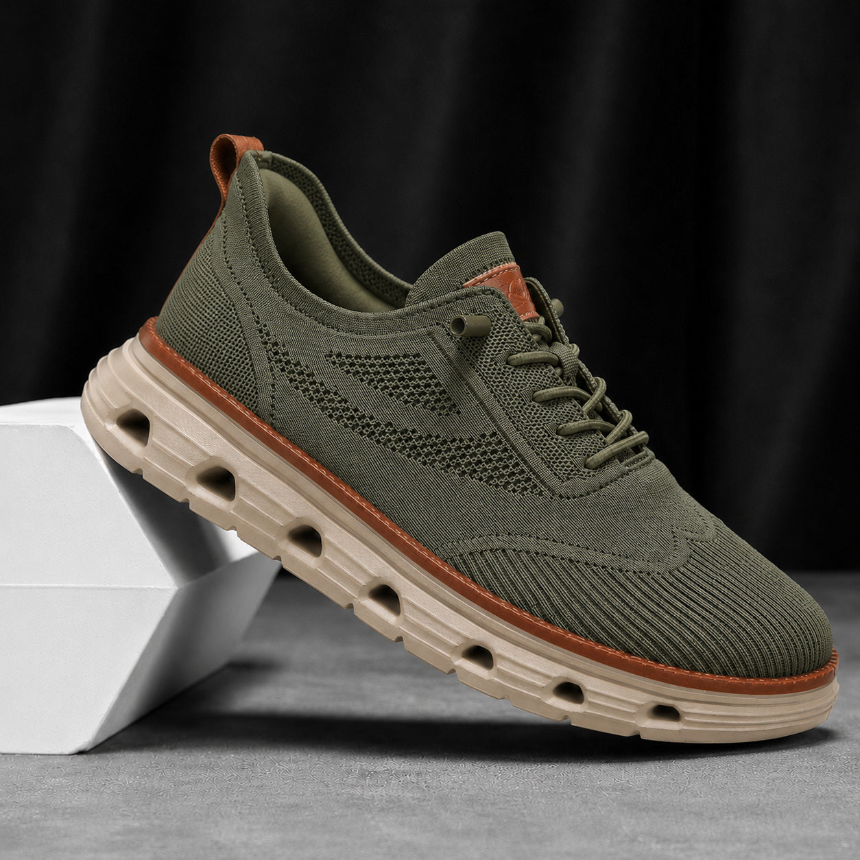 Men’s Breathable Knit Walking Sneakers – Lace-Up Casual Shoes in Olive Green – studio detail view