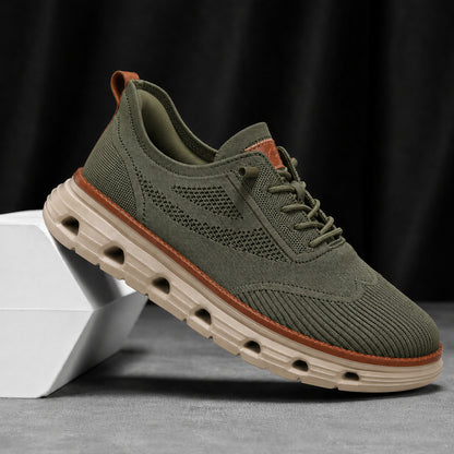 Men’s Breathable Knit Walking Sneakers – Lace-Up Casual Shoes in Olive Green – studio detail view