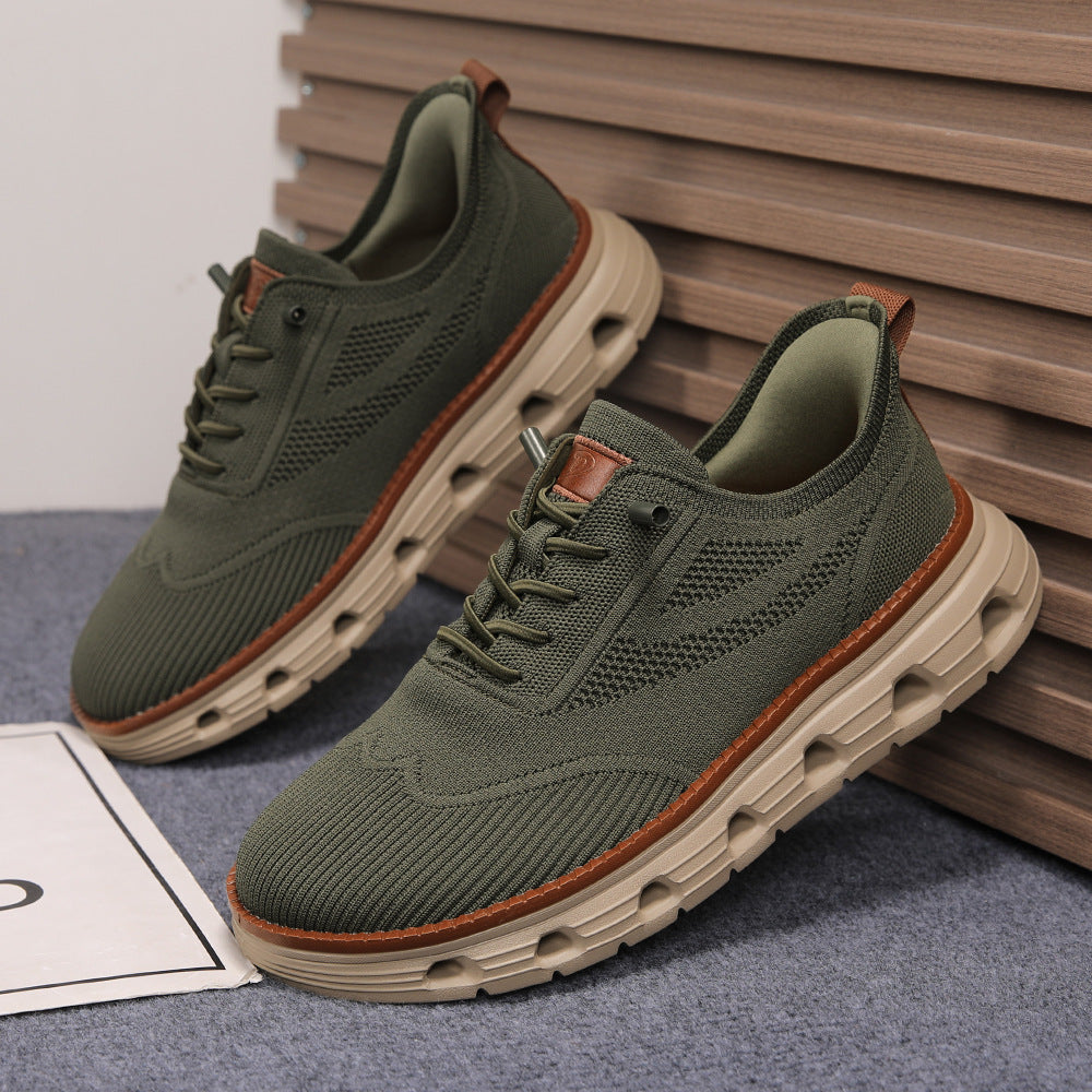 Men’s Breathable Knit Walking Sneakers – Lace-Up Casual Shoes in Olive Green – lifestyle pair view