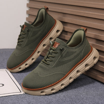 Men’s Breathable Knit Walking Sneakers – Lace-Up Casual Shoes in Olive Green – lifestyle pair view