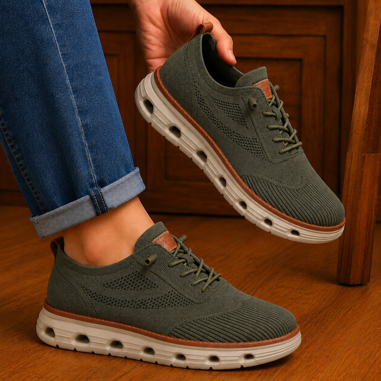 Men’s Breathable Knit Walking Sneakers – Lace-Up Casual Shoes in Olive Green – on-foot lifestyle view