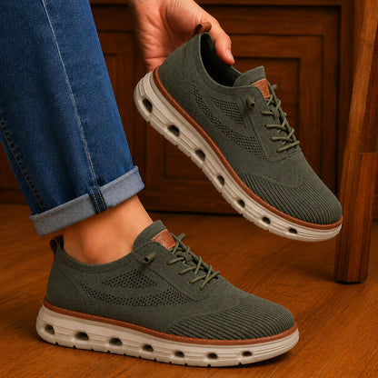 Men’s Breathable Knit Walking Sneakers – Lace-Up Casual Shoes in Olive Green – on-foot lifestyle view