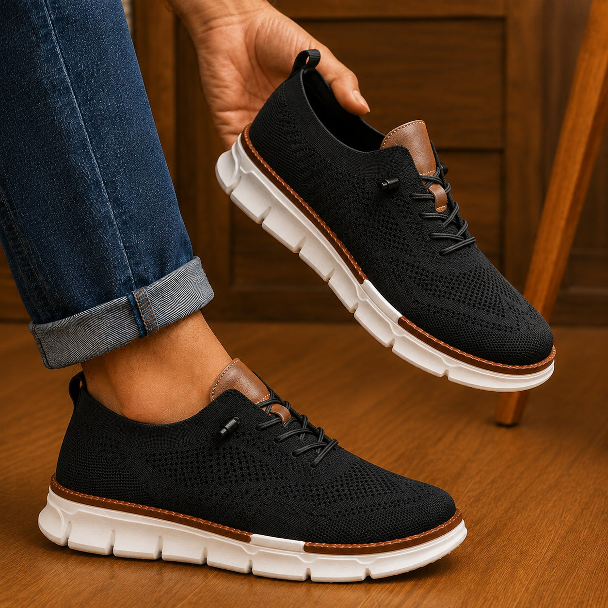 Black men's slip-on walking shoes shown in everyday wear