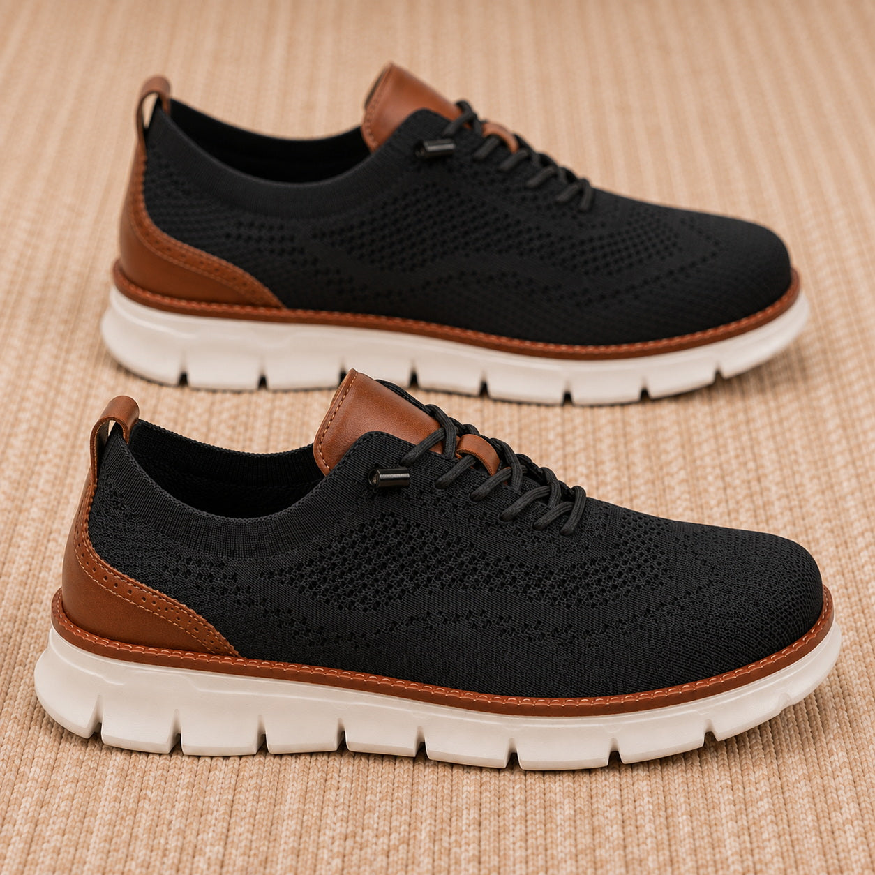 Pair of black men's breathable knit walking shoes