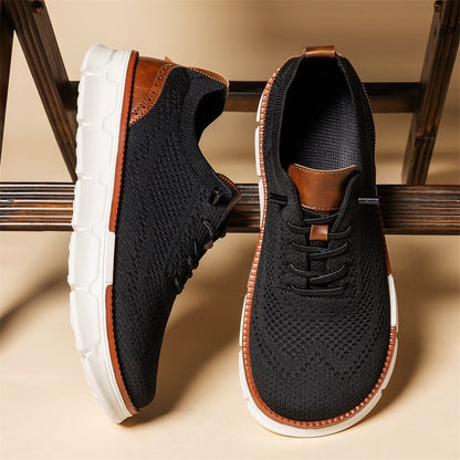 Black men's knit slip-on walking shoes top and side views